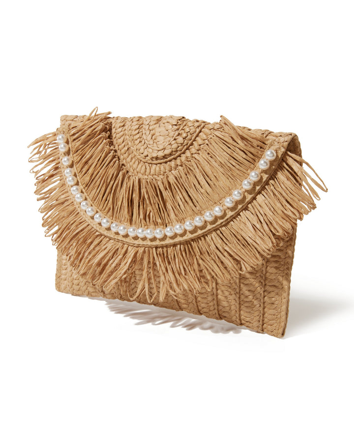 Straw and Pearl Fringe Clutch Natural