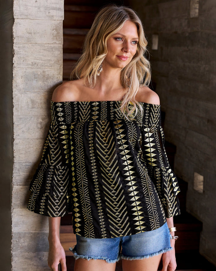 Gold Metallic Patterned Off the Shoulder Tiered Sleeve Blouse Black/Gold