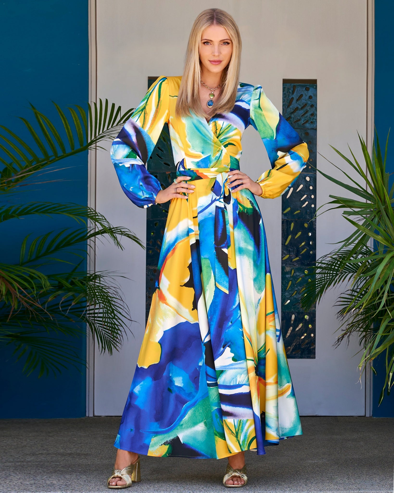blue and yellow maxi dress Valencia Florals Print Charmeuse Wrap Maxi Dress Blue/Yellow