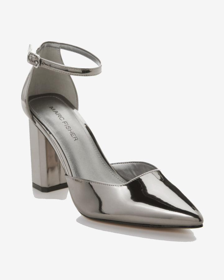 Pointed Toe Metallic Ankle Strap Heel Pewter