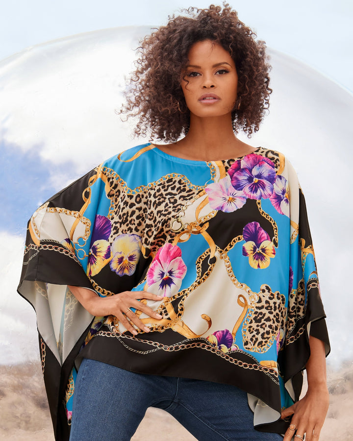 Wild Pansies Print Roxy Effortless Charmeuse Blouse Blue Multi