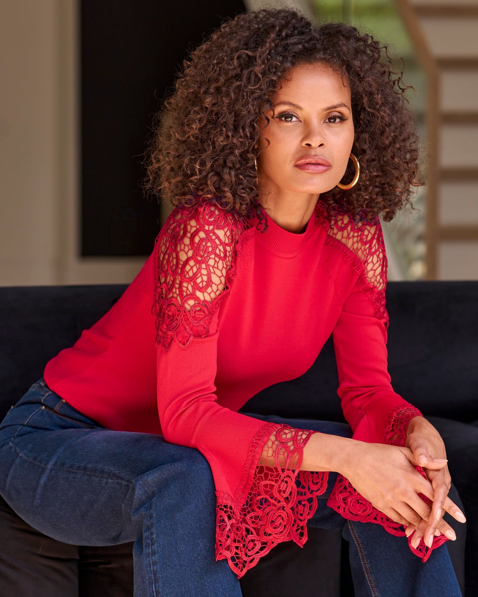 Lace Inset Flare Sleeve - Racing Red | Boston Proper