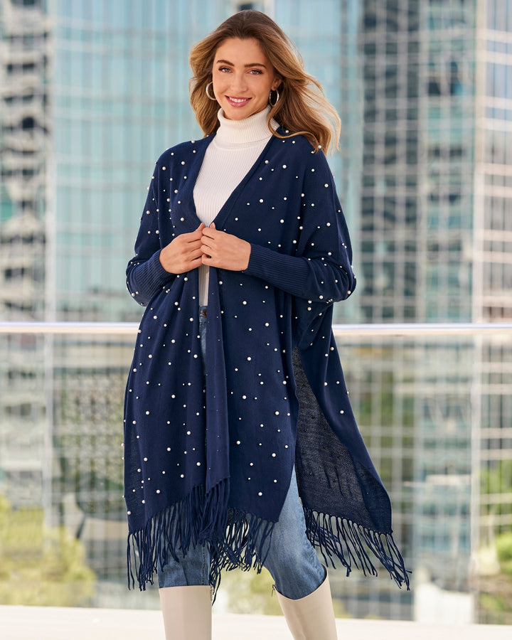 Pearl Embellished Poncho Navy