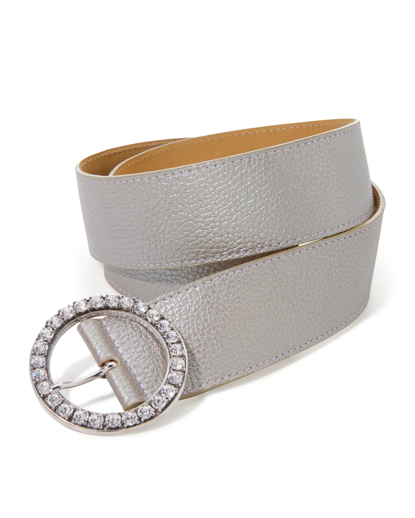 Round Crystal Metallic Leather Belt Silver