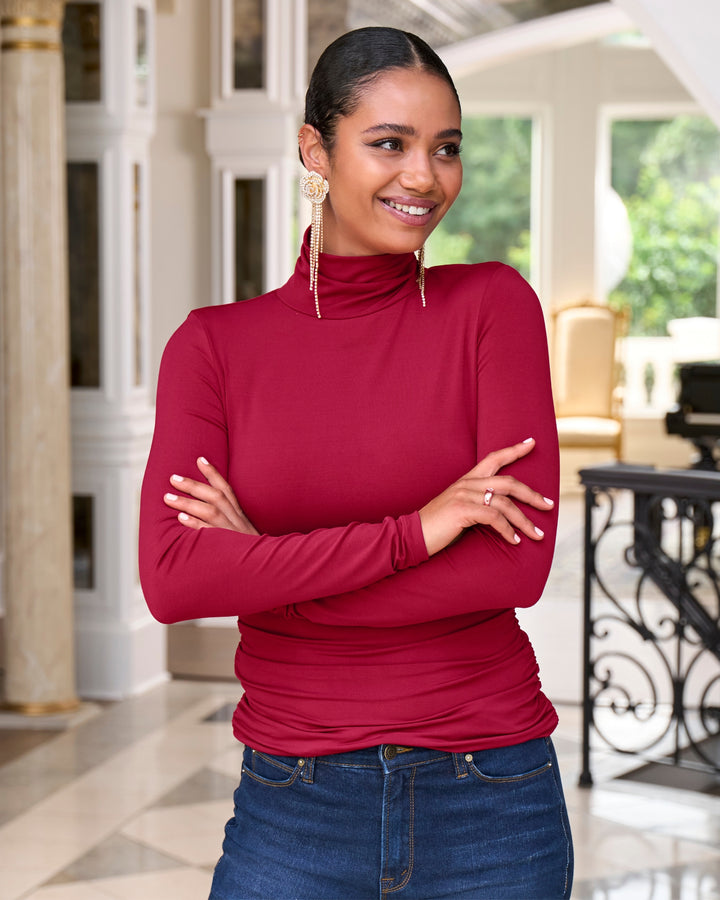 So Chic Ruched Turtleneck Top Rumba Red