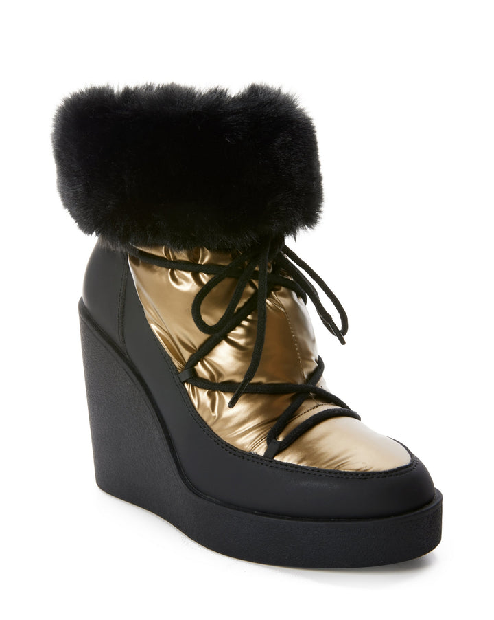Fur Trim Wedge Bootie Black/Gold