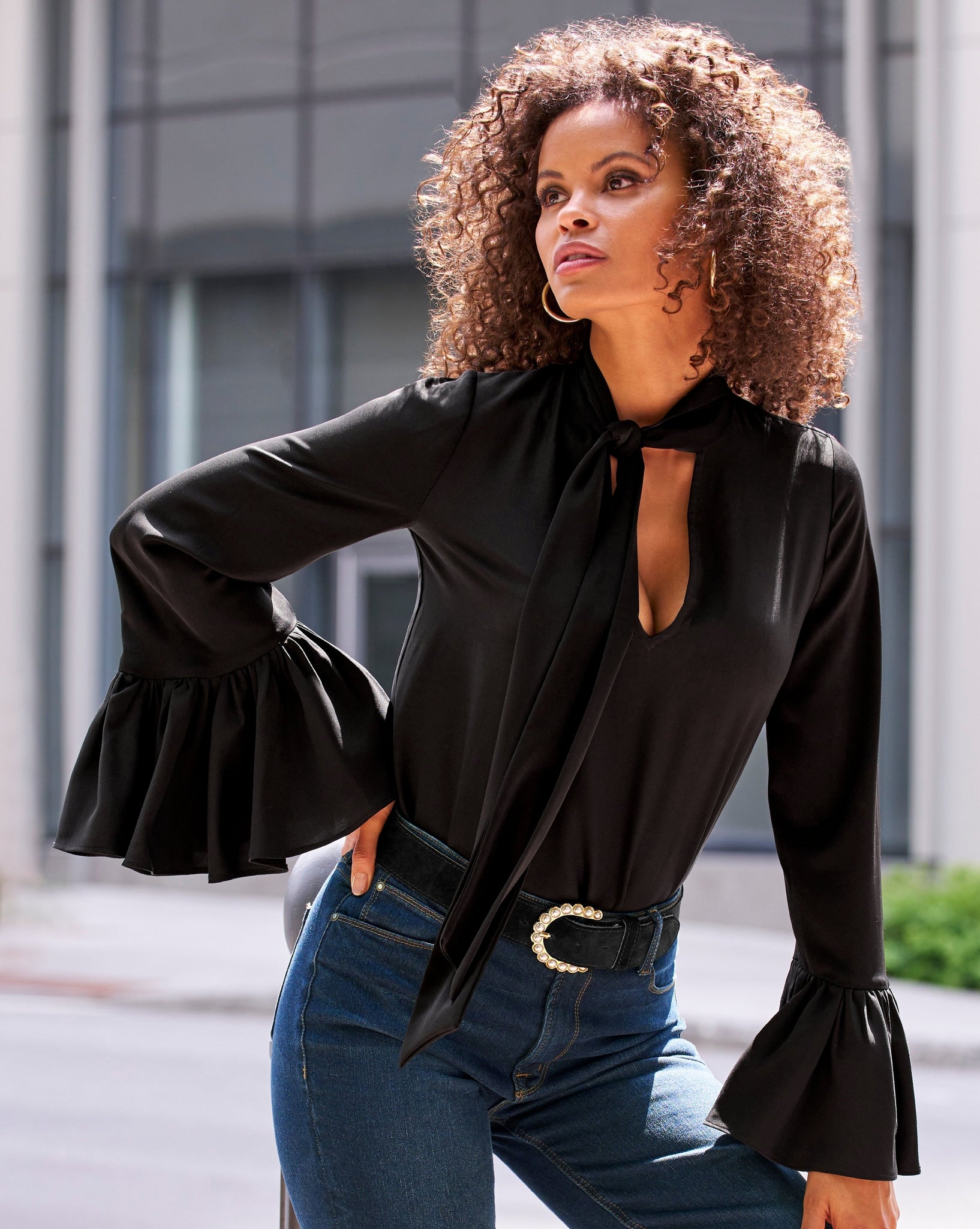 【melt the lady】button frill blouse/black Keyhole Tie Neck Ruffle Sleeve Blouse - Black | Boston Proper