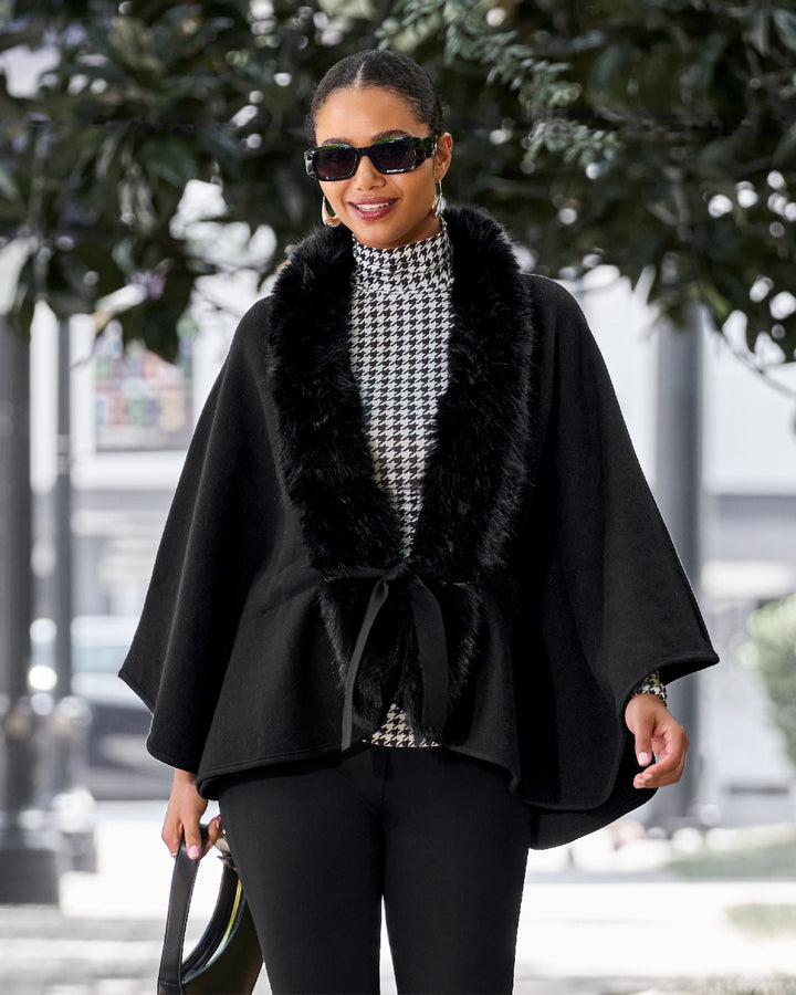 Faux Fur Tie Waist Poncho Black