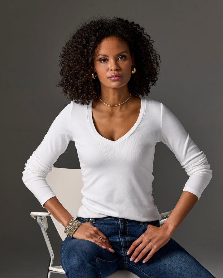 So Essential Ribbed V Neck Long Sleeve Top Pure White
