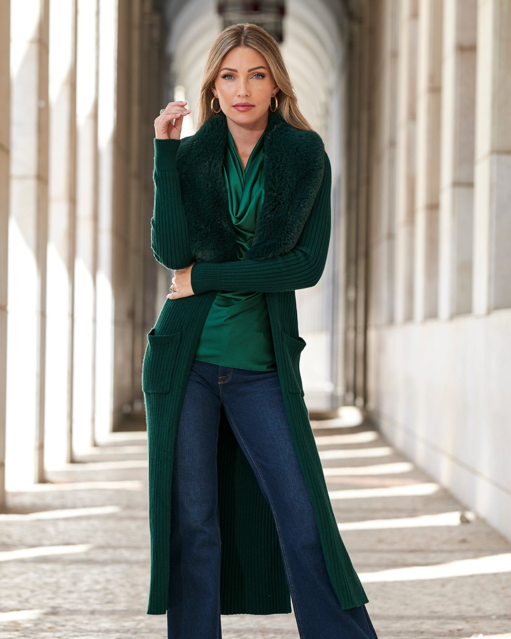 送料無料 店舗 Faux Boston | Emerald Deep - Cardigan Long Ribbed Collar Fur トップス