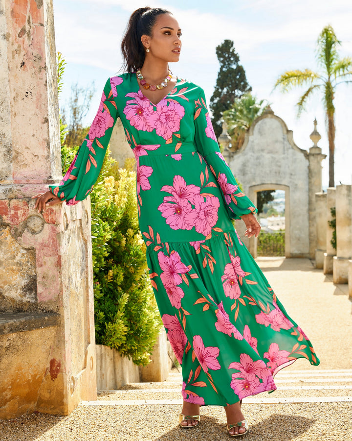 Drawn Floral Print V Neck Tiered Woven Maxi Dress Green/Pink