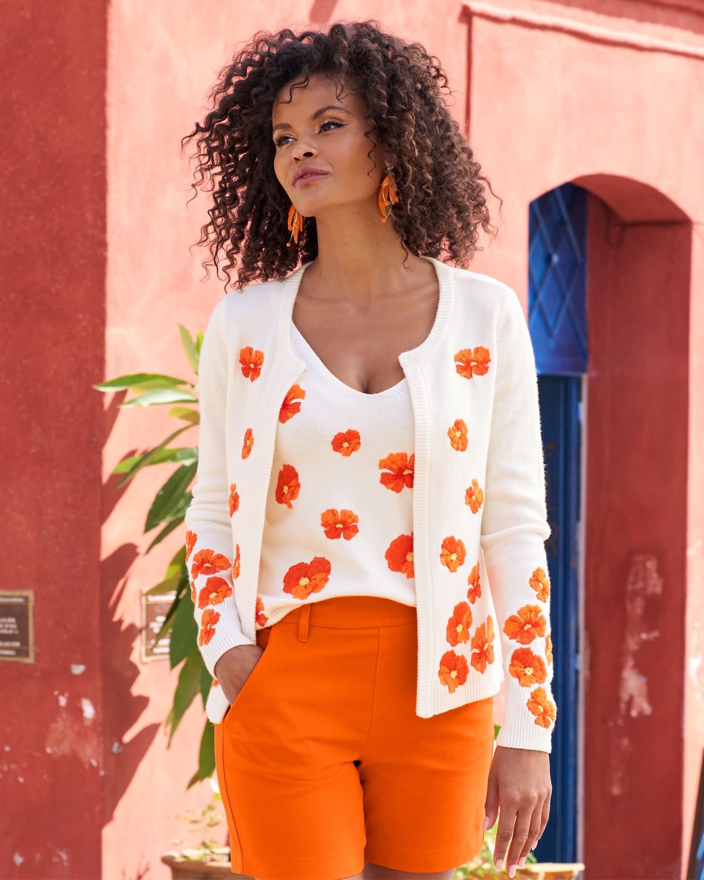 Floral Embroidered Cardigan White/Orange