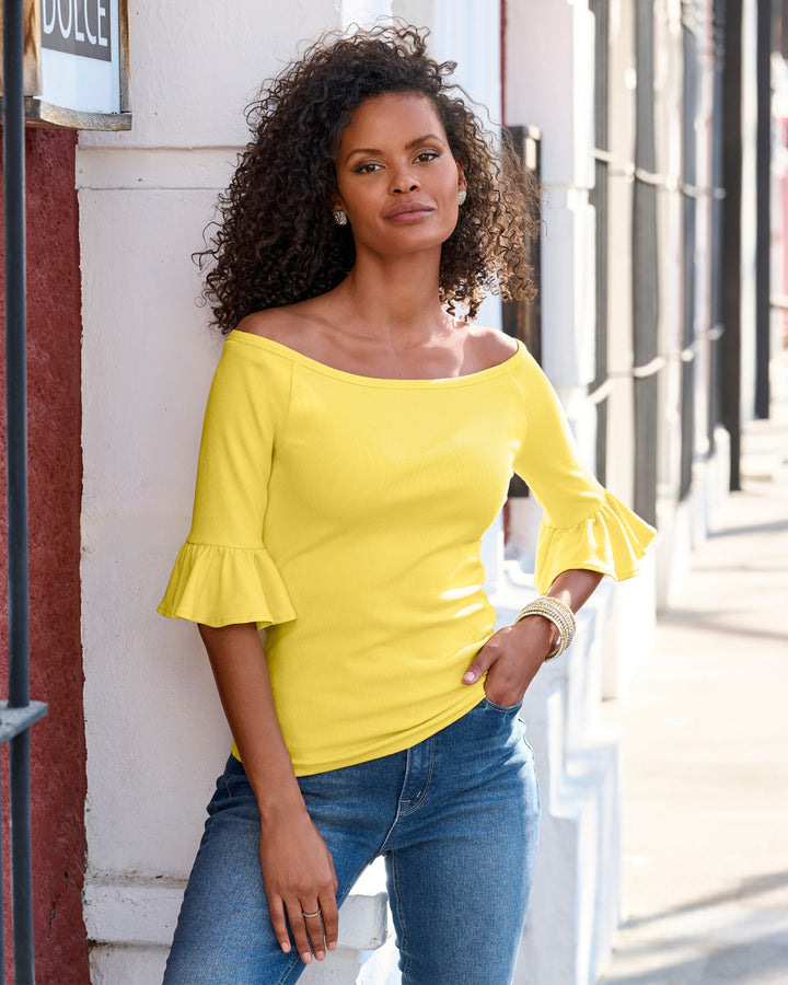 So Essential Rib Boatneck Flare Sleeve Top Lemon Drop