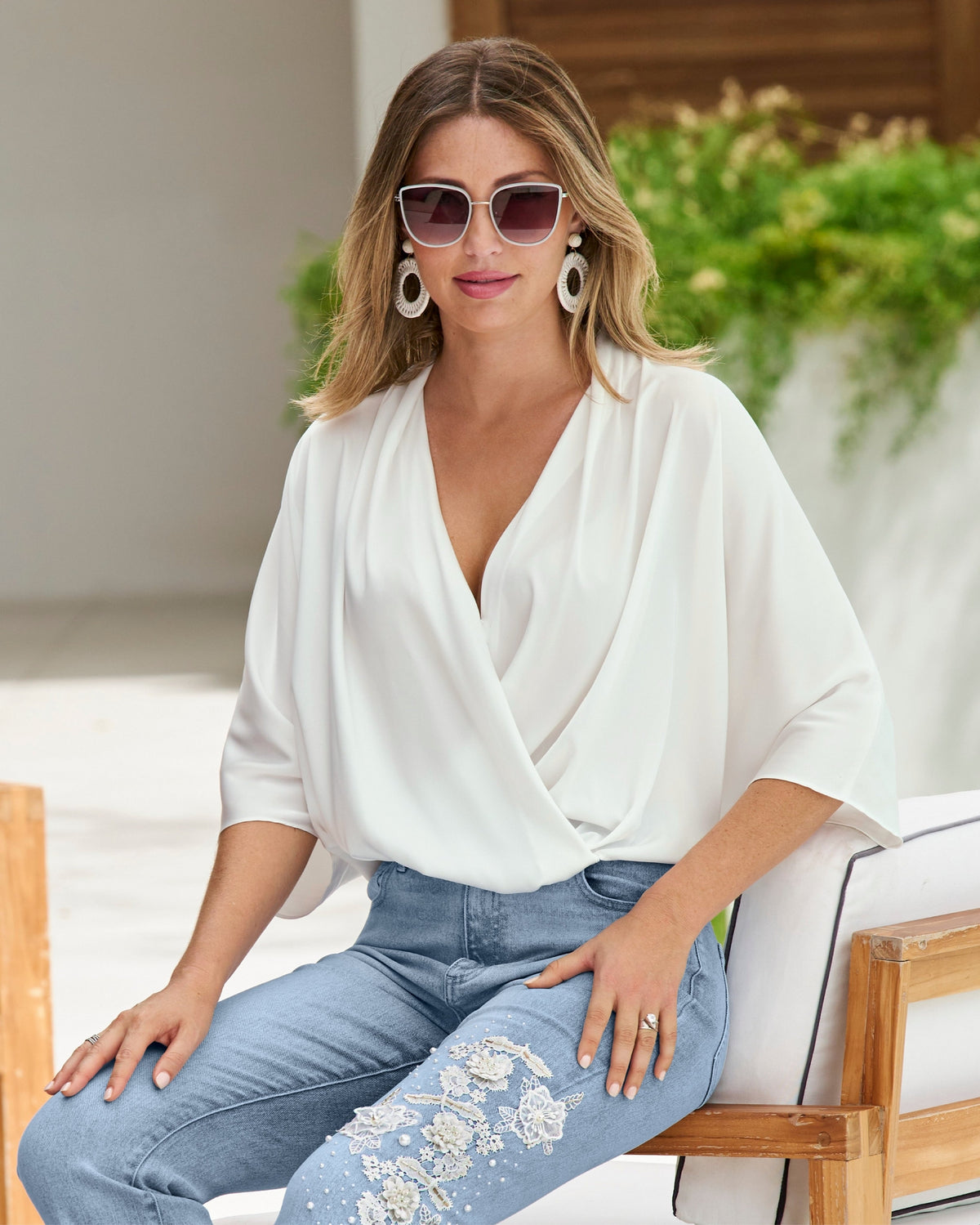 Whitney Draped Surplice Charmeuse Blouse Off White