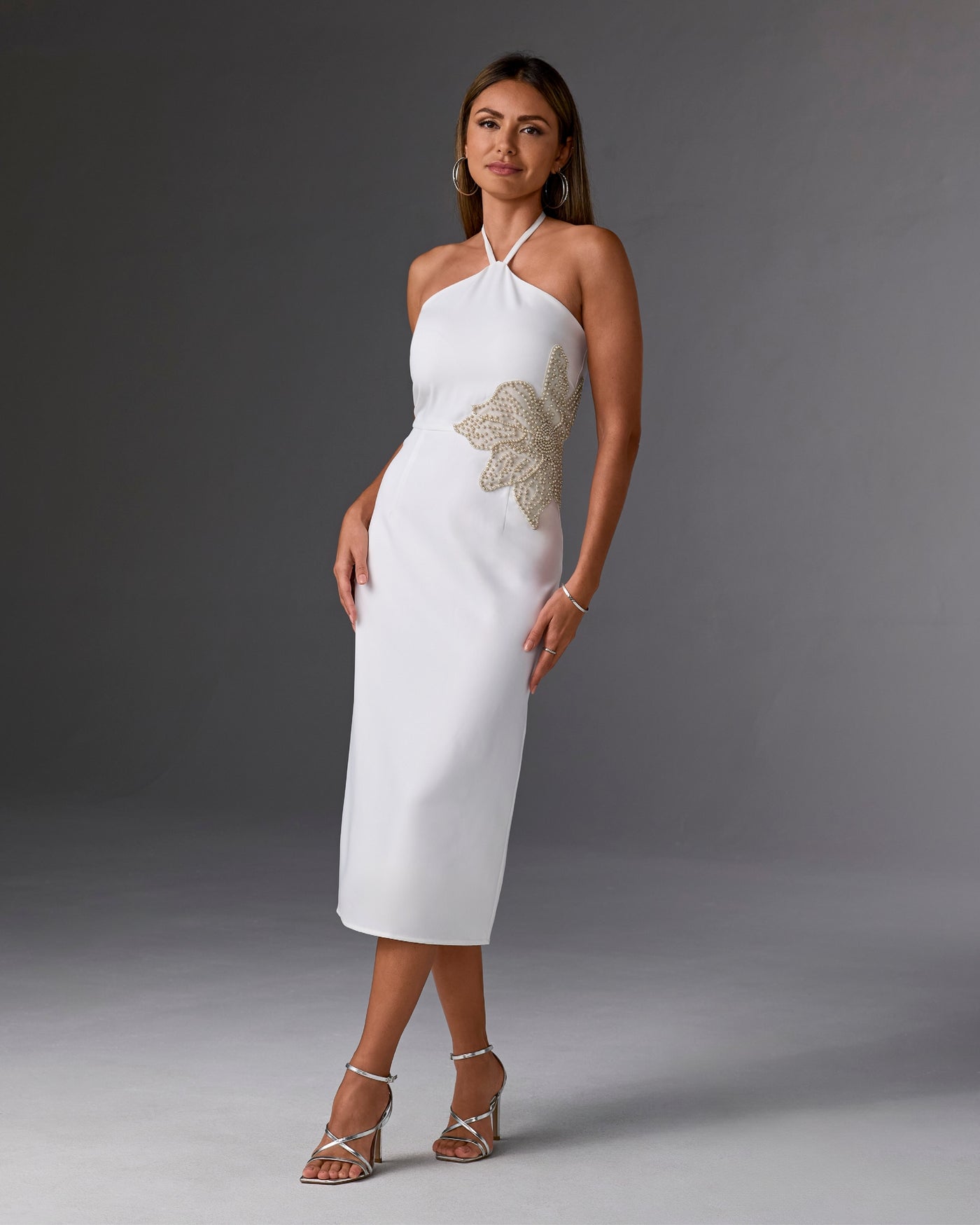 Pearl Embellished Flower Halter Column Dress White