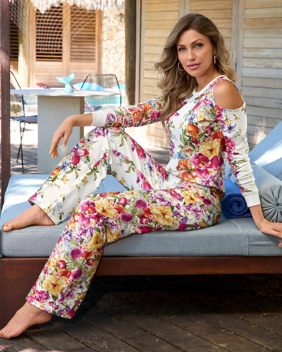 Vintage Garden Cold Shoulder Lounge Set Off white Multi