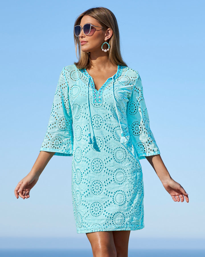 Eyelet Embellished Tunic Dress Tanager Turquoise