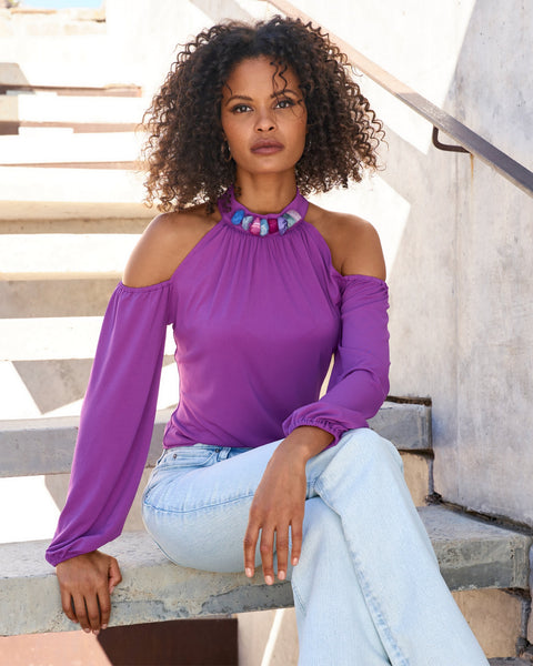 So Chic Cold Shoulder Beaded Neck Top - Dahlia Purple