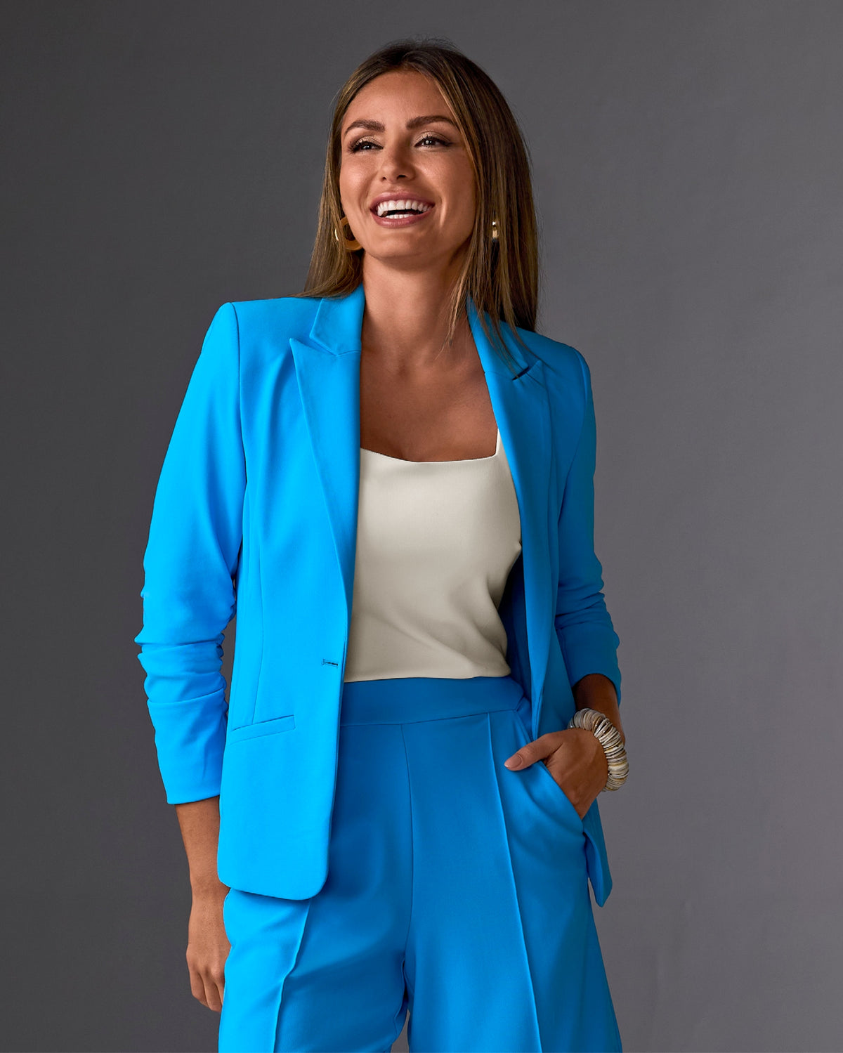 Beyond Travel Short Ruched Sleeve Blazer Malibu Blue