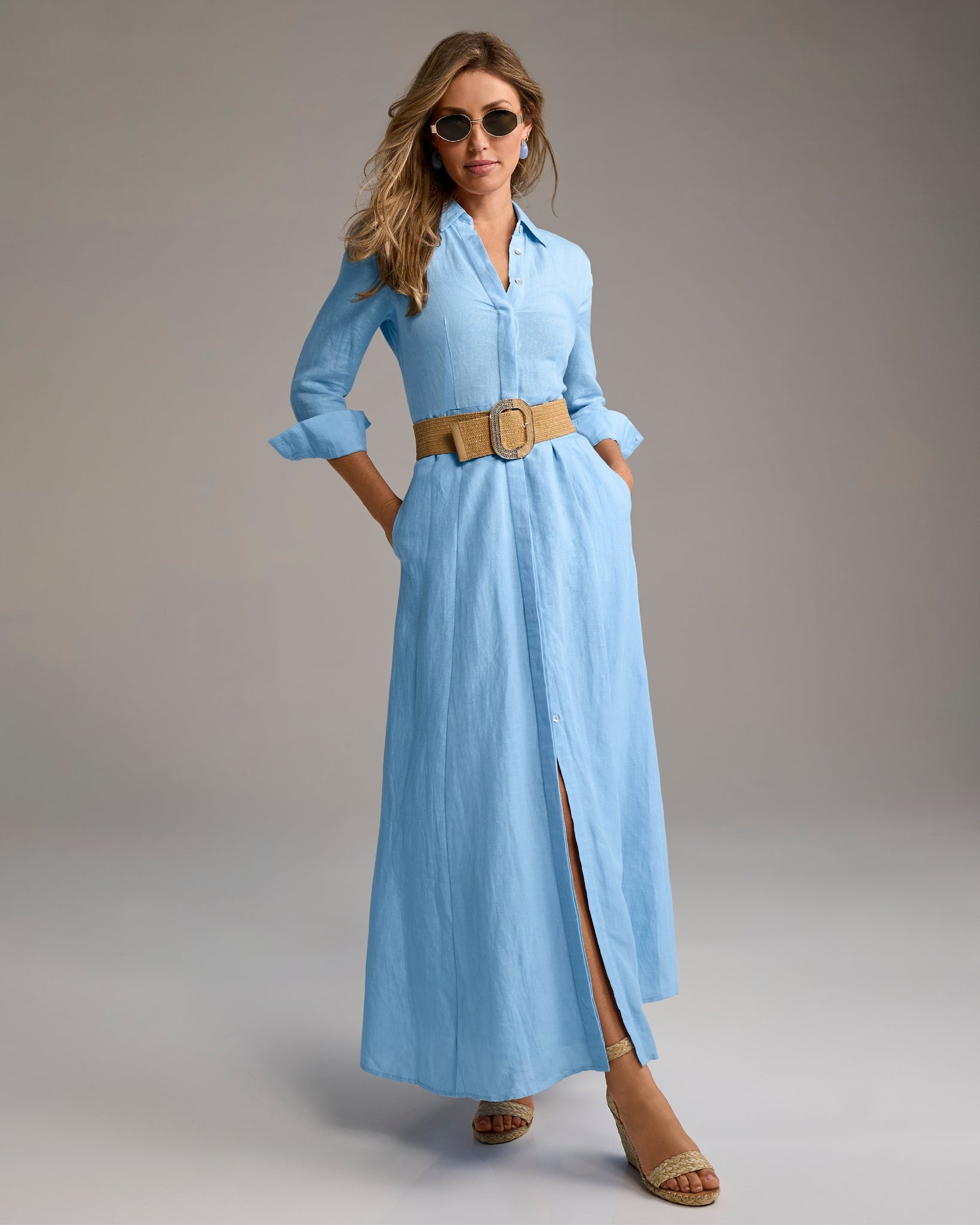 Linen Three Quarter Sleeve Maxi Shirt Dress - Airy Blue