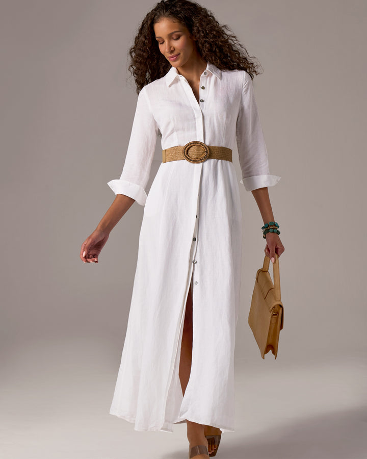 Linen Three Quarter Sleeve Maxi Shirt Dress White