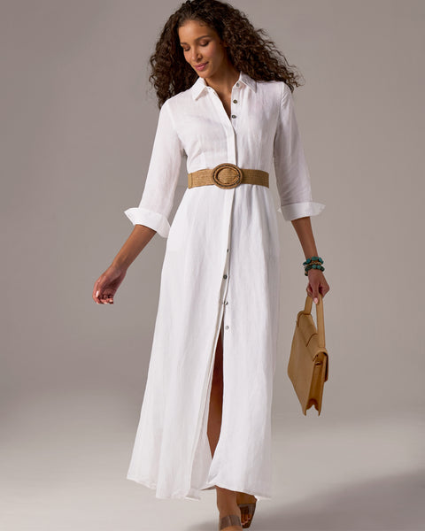 Linen Three Quarter Sleeve Maxi Shirt Dress - White | Boston Proper Linen Three Quarter Sleeve Maxi Shirt Dress - White | Boston Proper