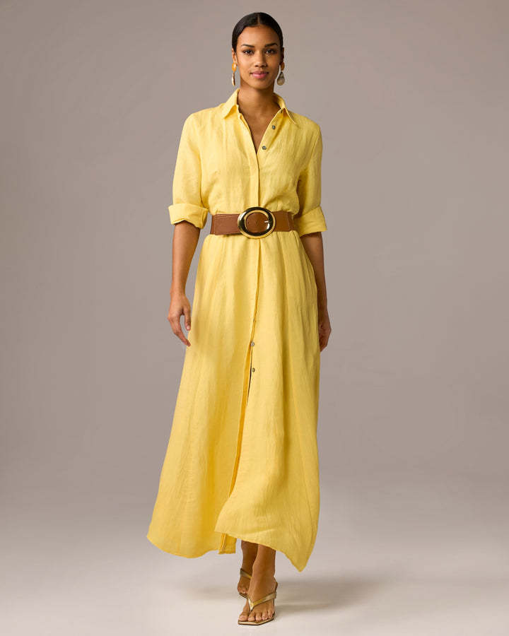 Linen Three Quarter Sleeve Maxi Shirt Dress Lemon Drop