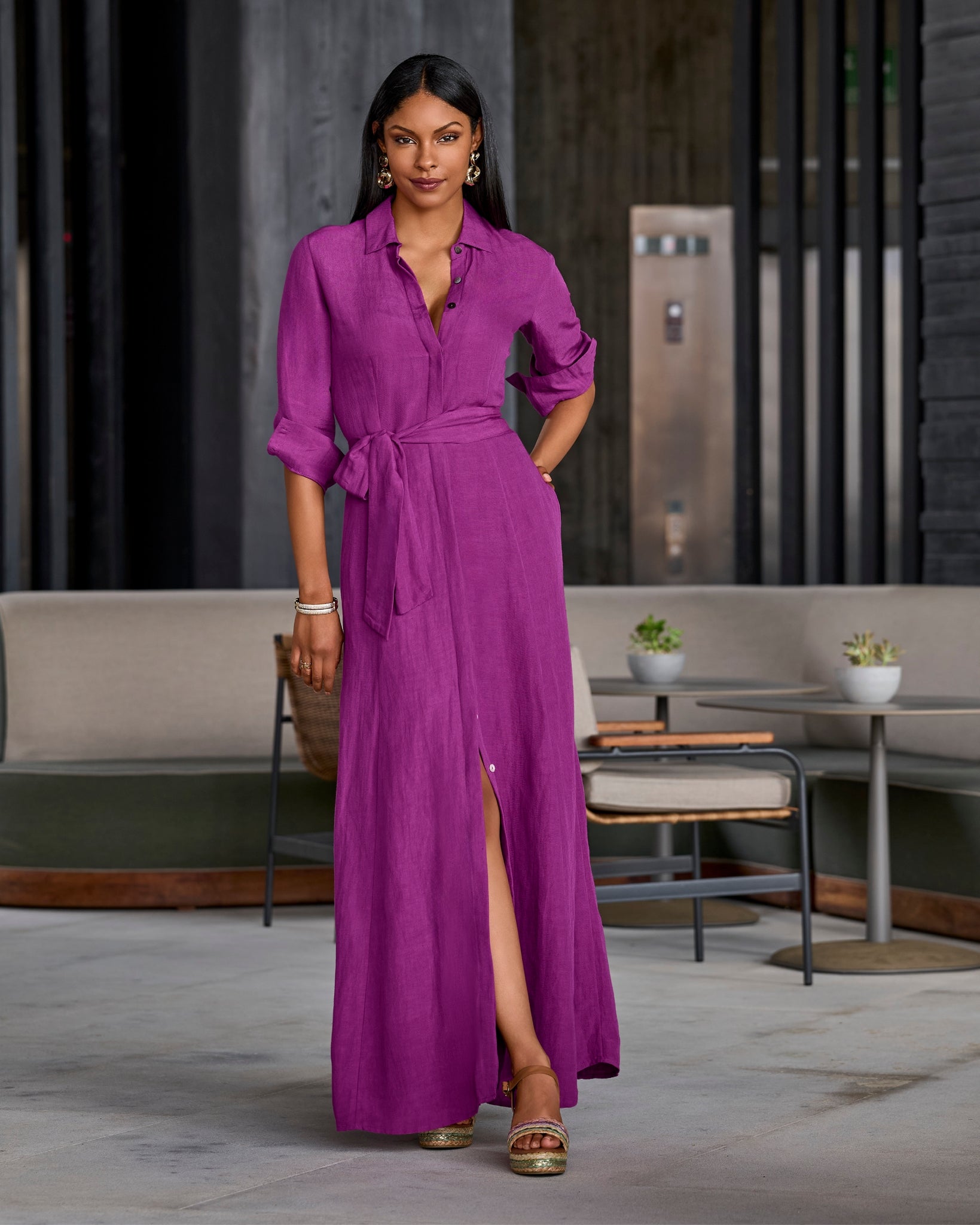 Linen Three Quarter Sleeve Maxi Shirt Dress Hollyhock | Boston Proper Linen Three Quarter Sleeve Maxi Shirt Dress Hollyhock | Boston Proper