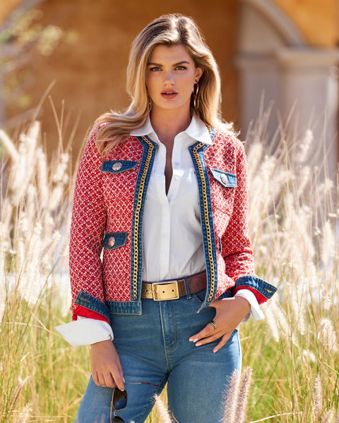 Tweed Denim and Chain Trim Jacket - Red Multi | Boston Proper