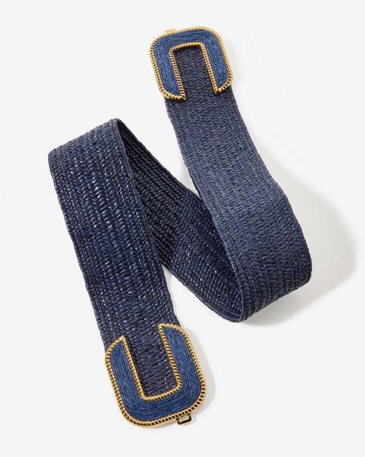 Gold Hardware Raffia Elastic Belt Navy