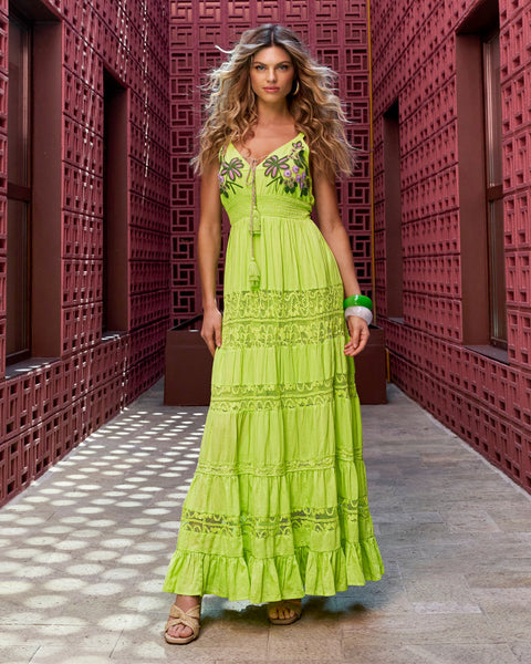 Embroidered Lace Inset Maxi Dress - Green Glow