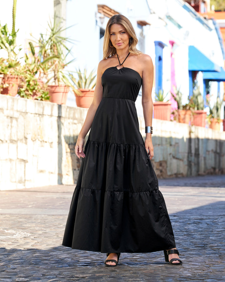 Hardware Halter Tiered Poplin Maxi Dress Black