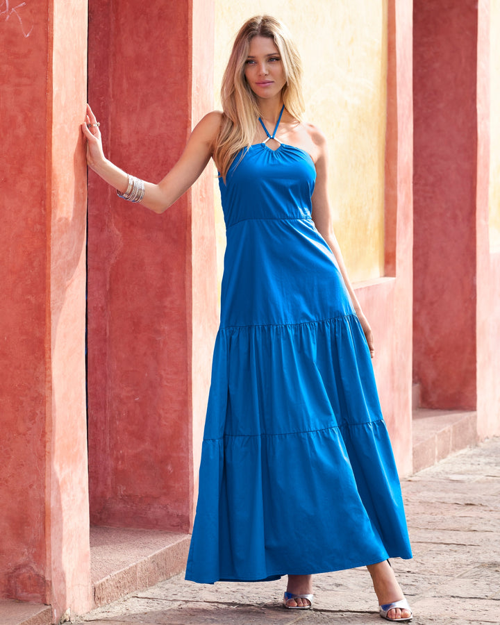 Hardware Halter Tiered Poplin Maxi Dress Indigo Bunting