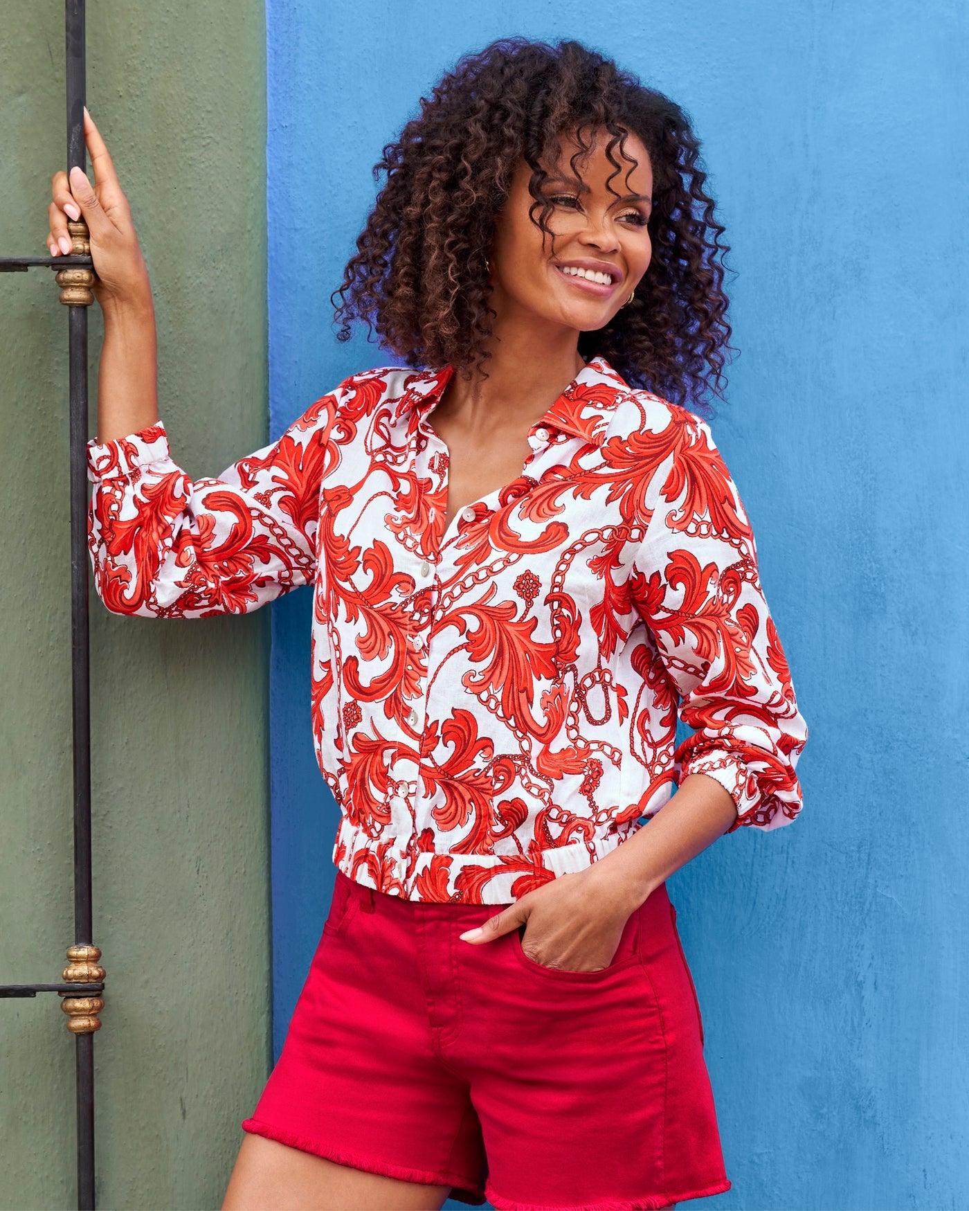 Summer Scrolls Print Blouson Button Up Shirt Red