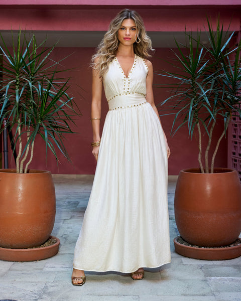Crystal Grommet Trim Sheen Gauze Maxi Dress - Off White