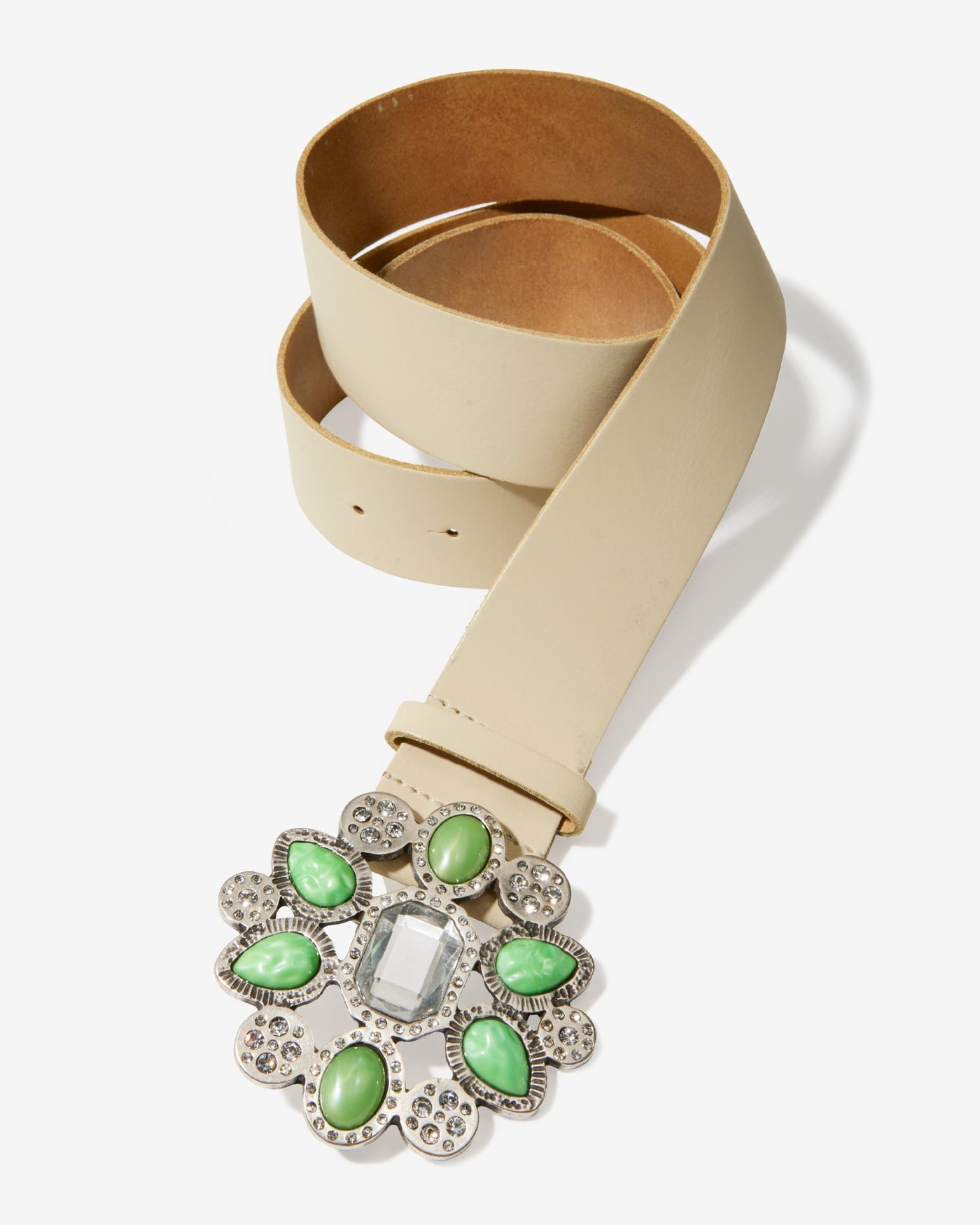 Studded Buckle Leather Belt Cream