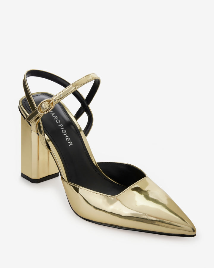 Pointed Toe Ankle Strap Block Heel Gold