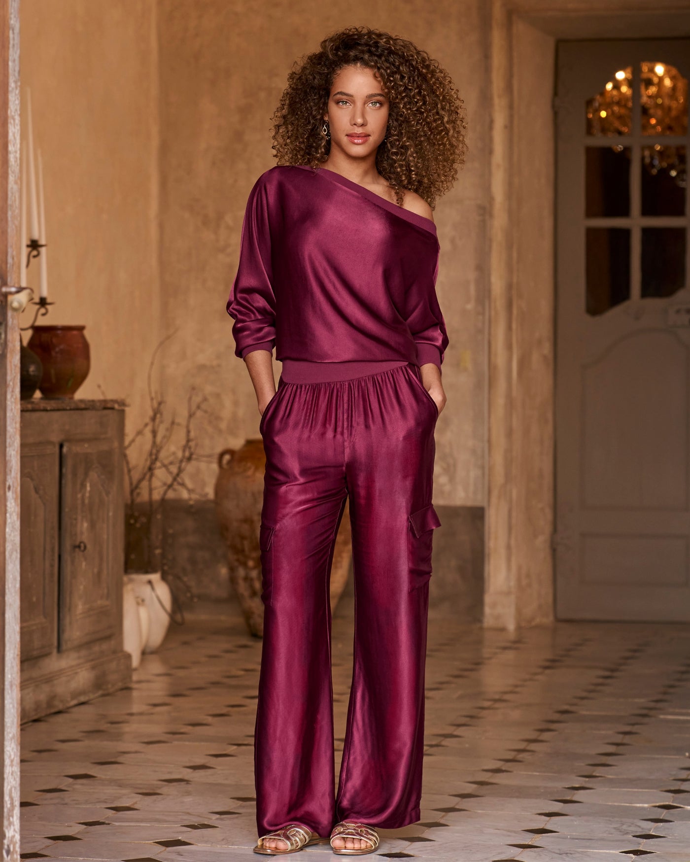 Slouchy Charmeuse Cargo Lounge Set Maroon