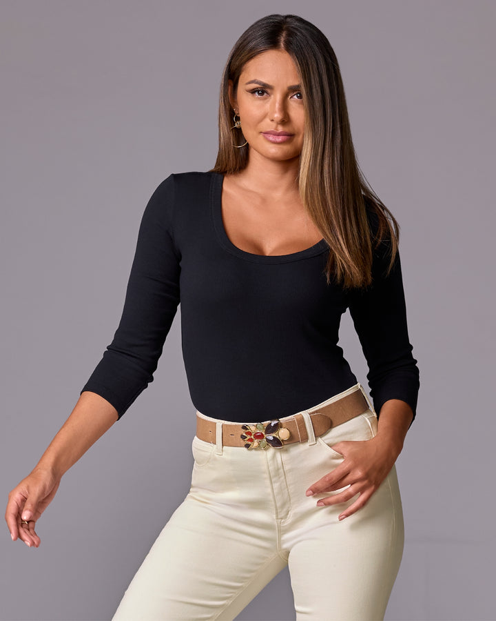 So Essential Ribbed Scoop Three Quarter Top Black