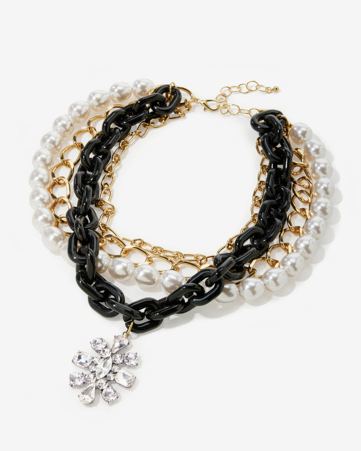 Gold Chains & Pearls Layered Necklace Black/White/Gold