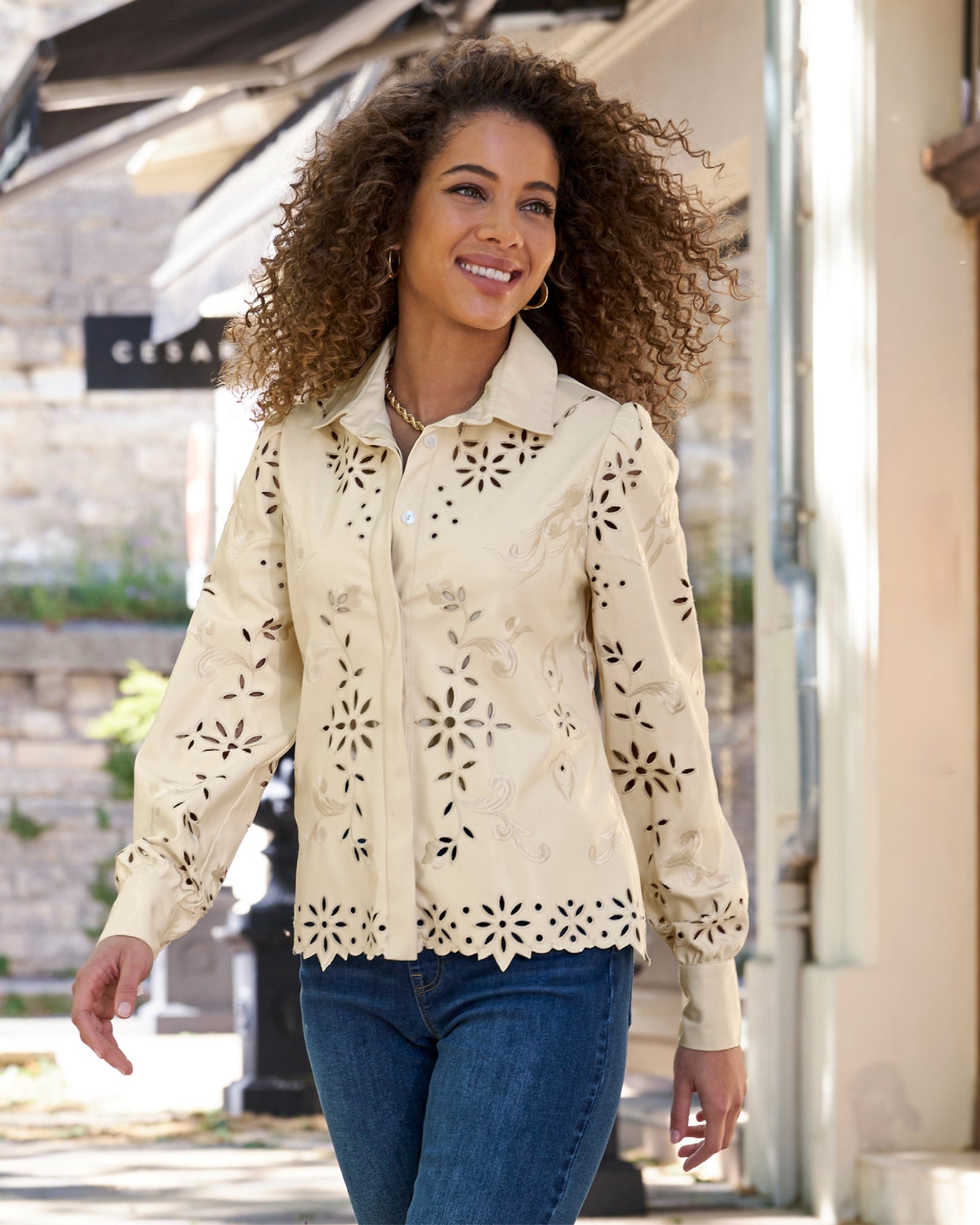 Faux Leather Laser Cut Button Up Shirt - Ecru | Boston Proper