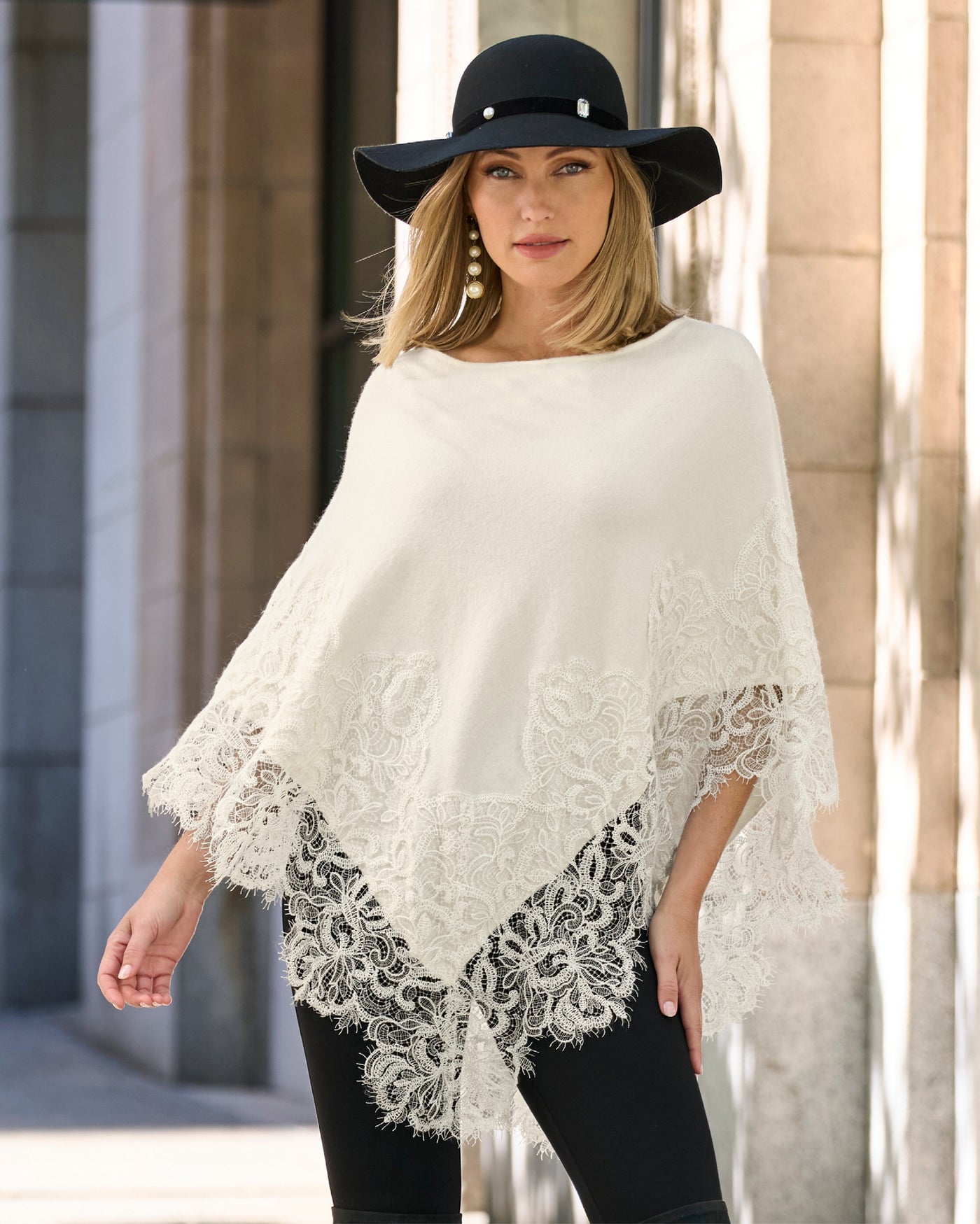 Lace Inset Poncho Off White