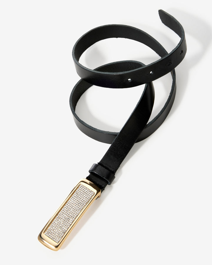 Skinny Gold and Crystal Leather Belt Black