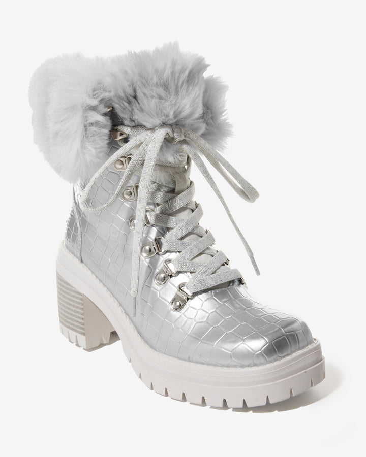 Croco Fur Lace Up Bootie Silver