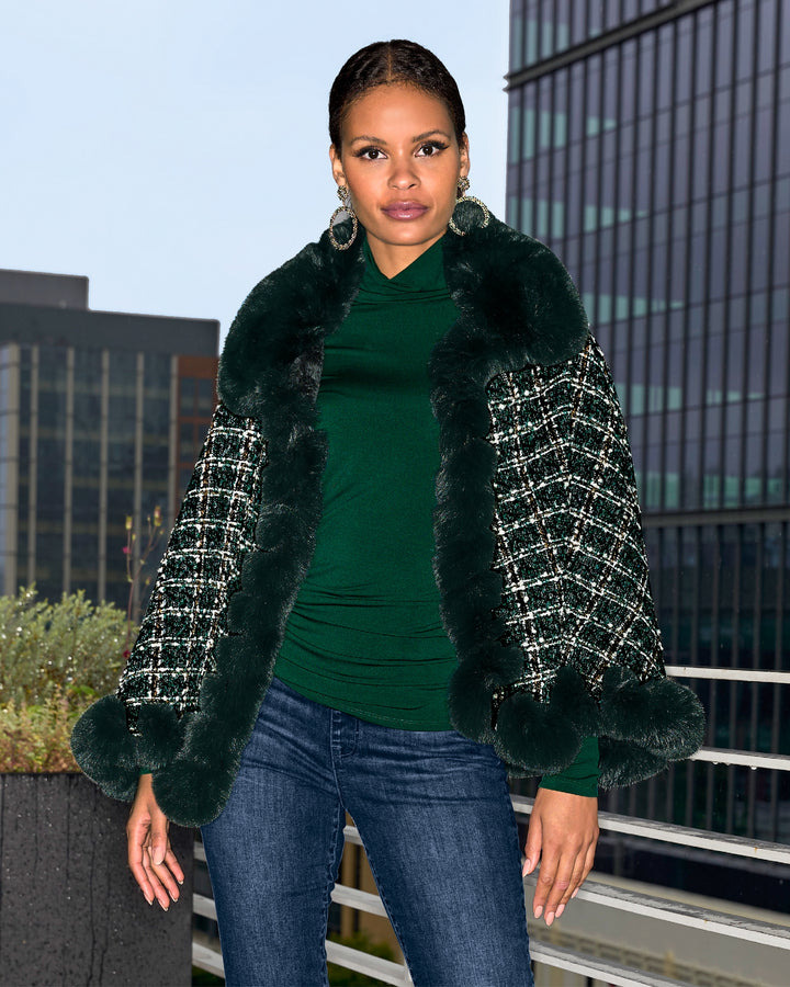 Faux Fur Trim Tweed Shawl Deep Emerald