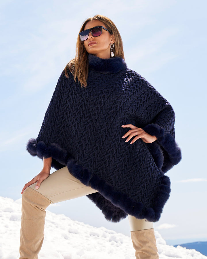 Cable Fur Trim Poncho Evening Blue
