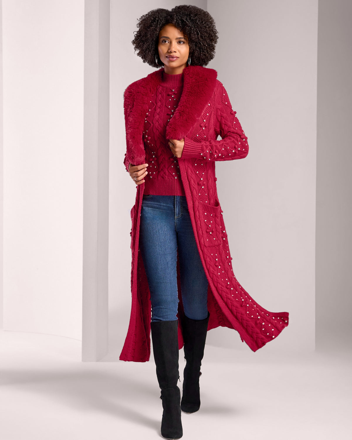 Faux Fur Embellished Cable Duster French Kiss