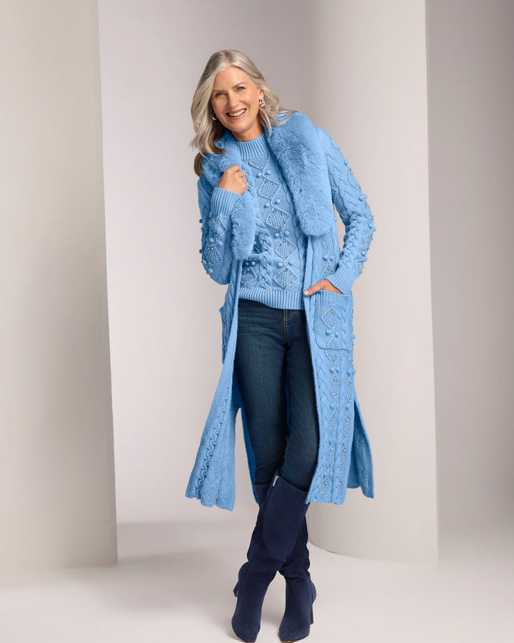 Faux Fur Embellished Cable Duster Airy Blue