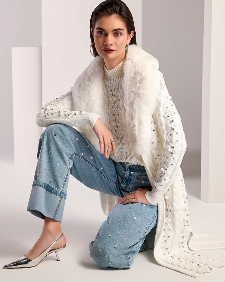 Faux Fur Embellished Cable Duster Off White