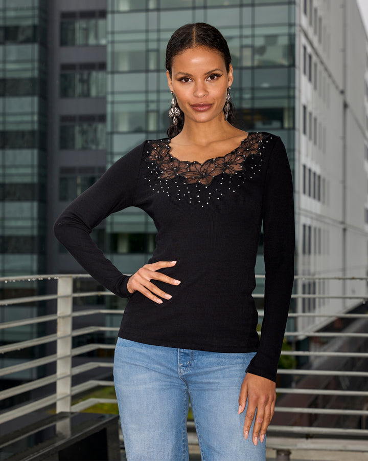 So Essential Mesh Floral Long Sleeve Ribbed Top Black